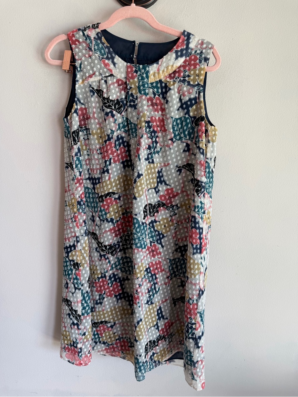 Anna Sui for Anthropologie Floral Clip Dot Sleeveless Shift Dress Navy Multi 0